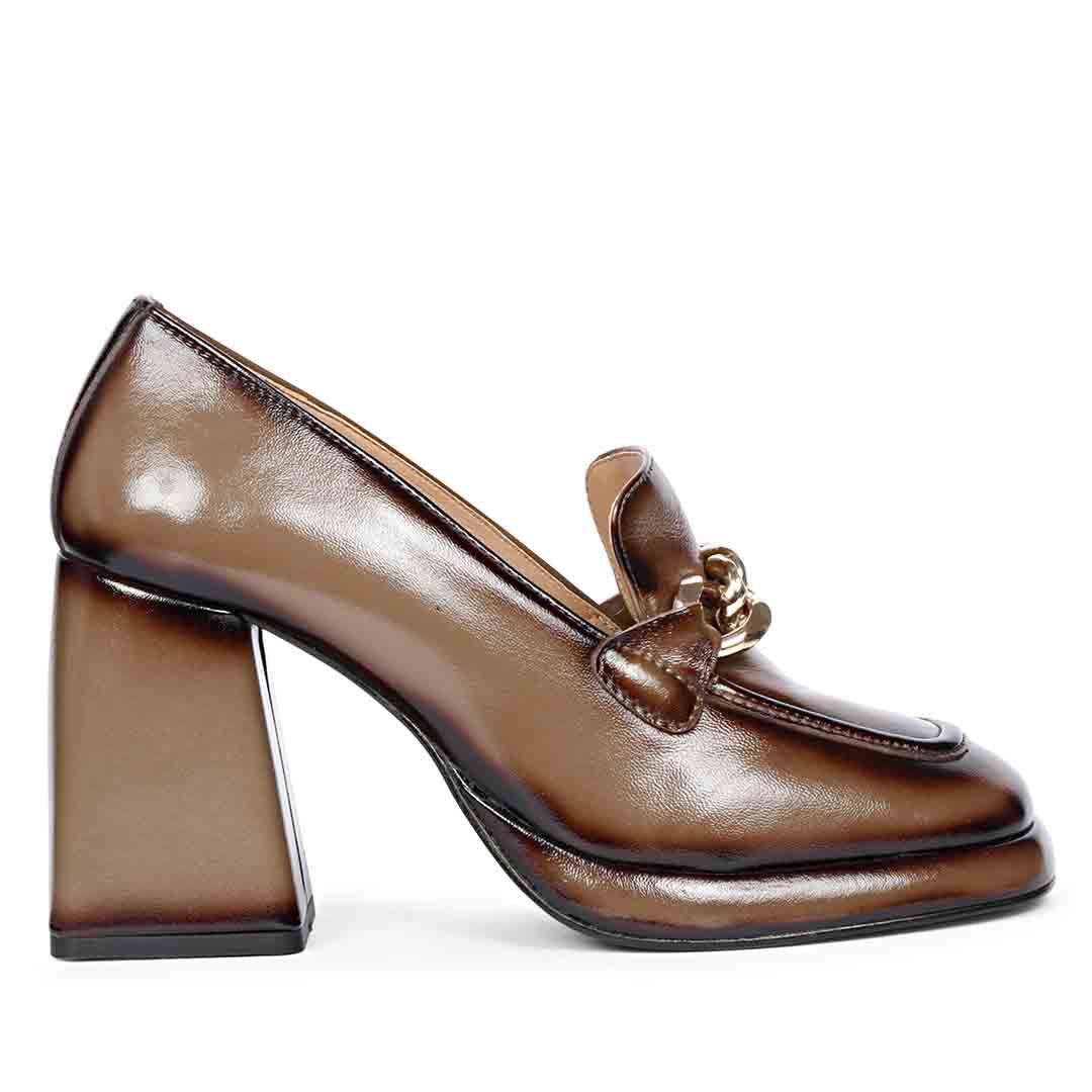 Best Women's bronze patent leather platform loafer pumps, side view with flared heel, UK