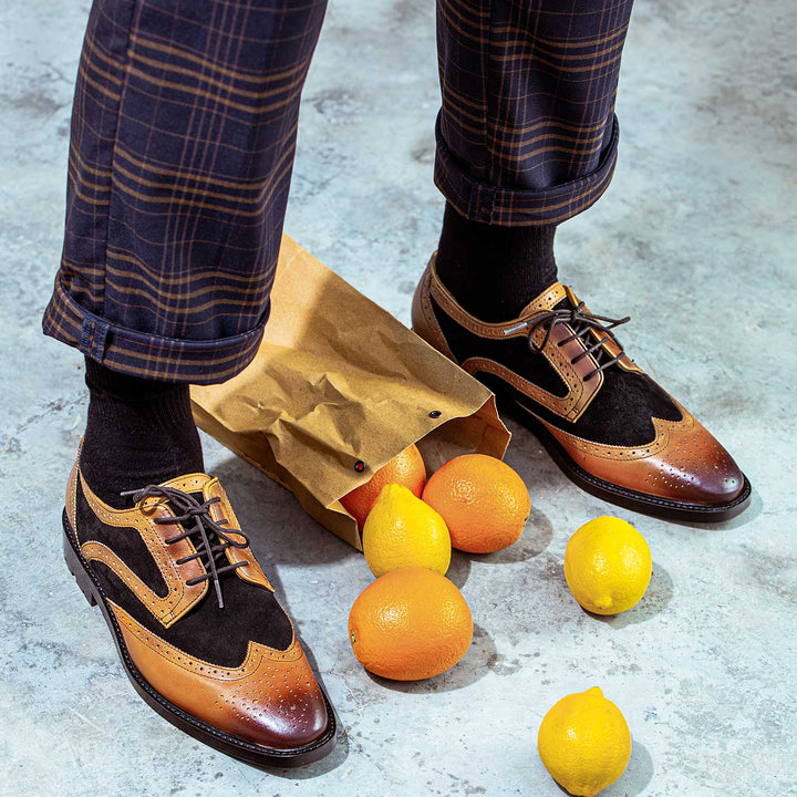 Men's Tan and Black Leather Brogue Shoes Styled On-Foot - Best Handcrafted UK