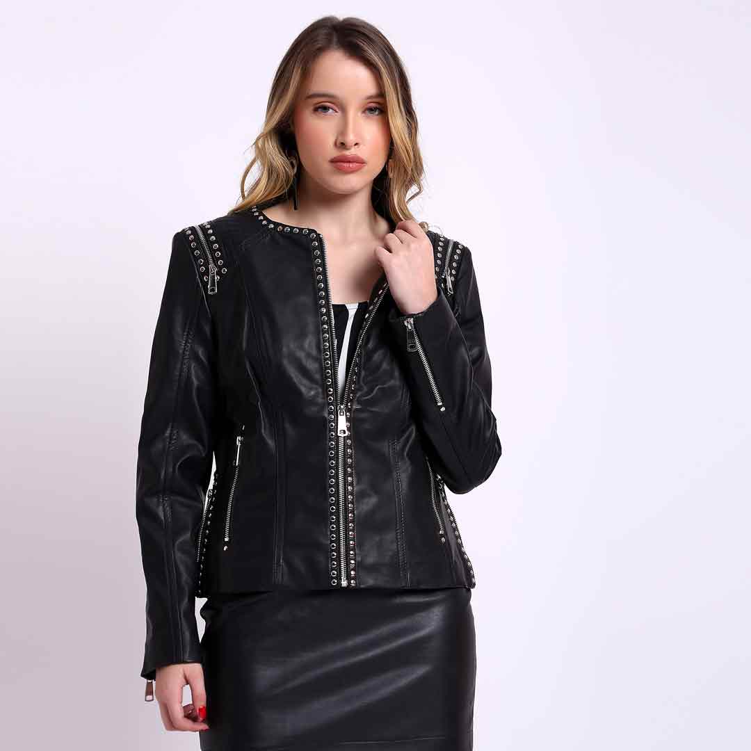 Saint Bethany studded black leather jacket UK, alternate front view