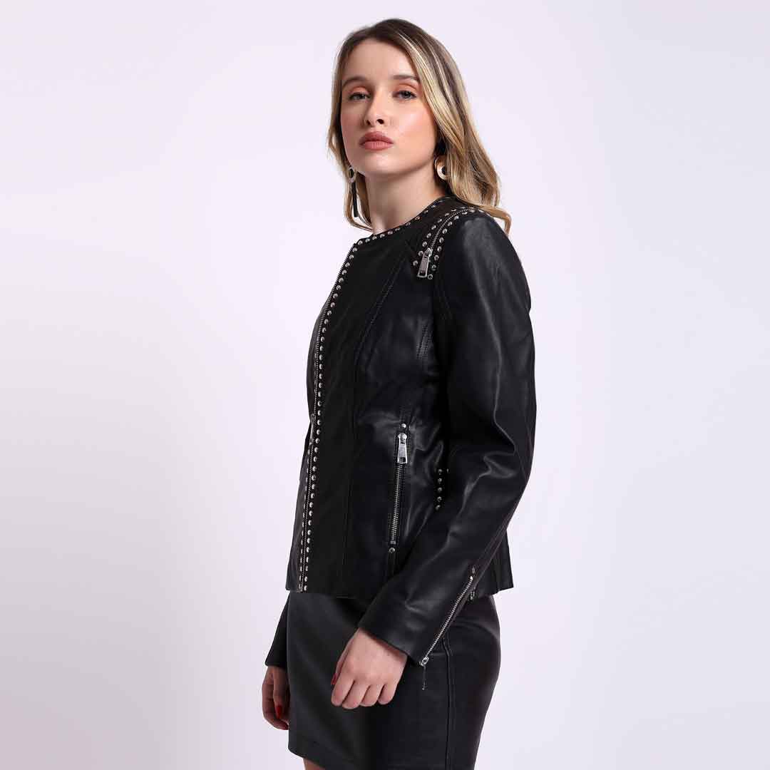 Studded black leather jacket for women UK, side view showing collarless neckline