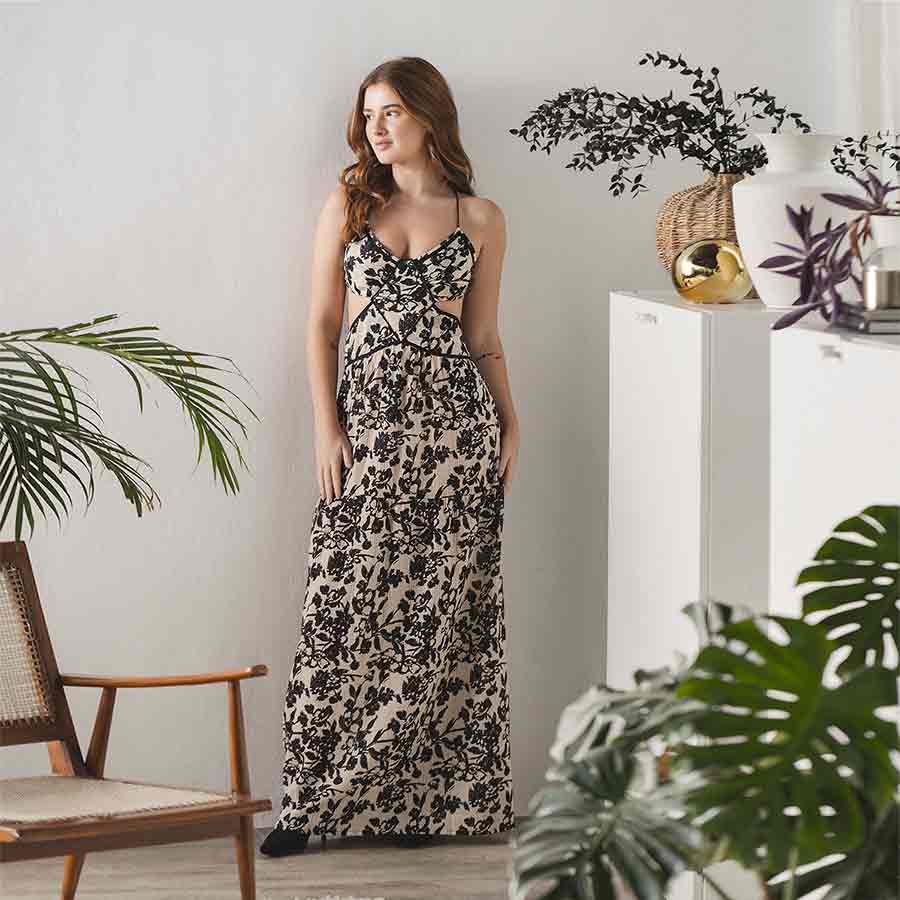 Saint black floral cutout waist maxi dress for women UK, lifestyle front view.