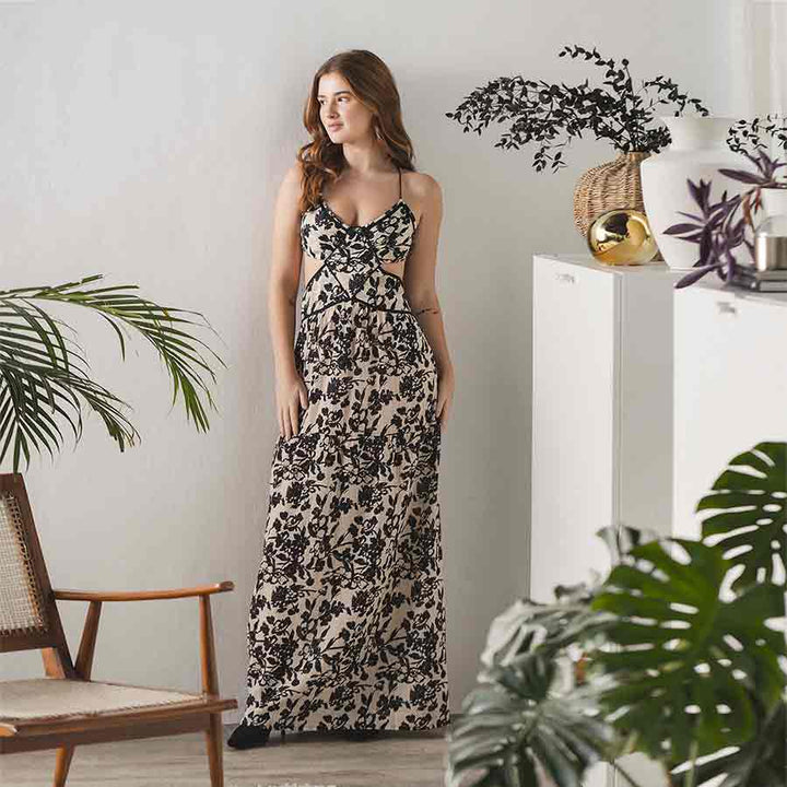 Saint black floral cutout waist maxi dress for women UK, lifestyle front view.