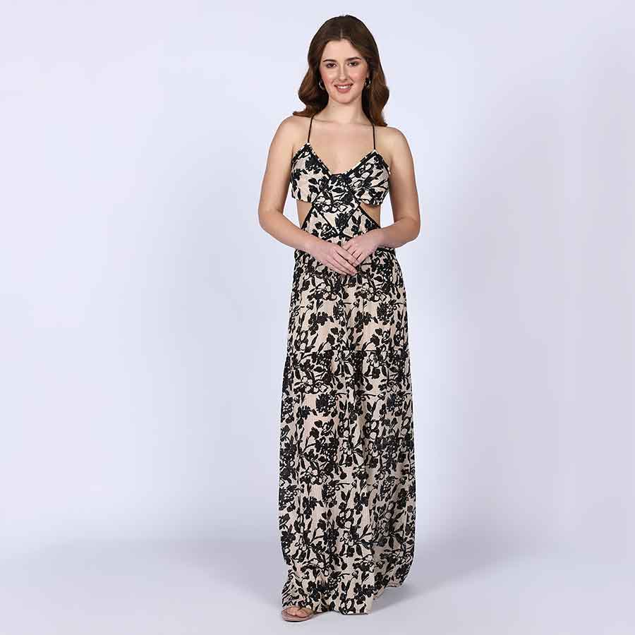 Women's black floral cutout waist maxi dress by Saint, front view showing spaghetti straps.