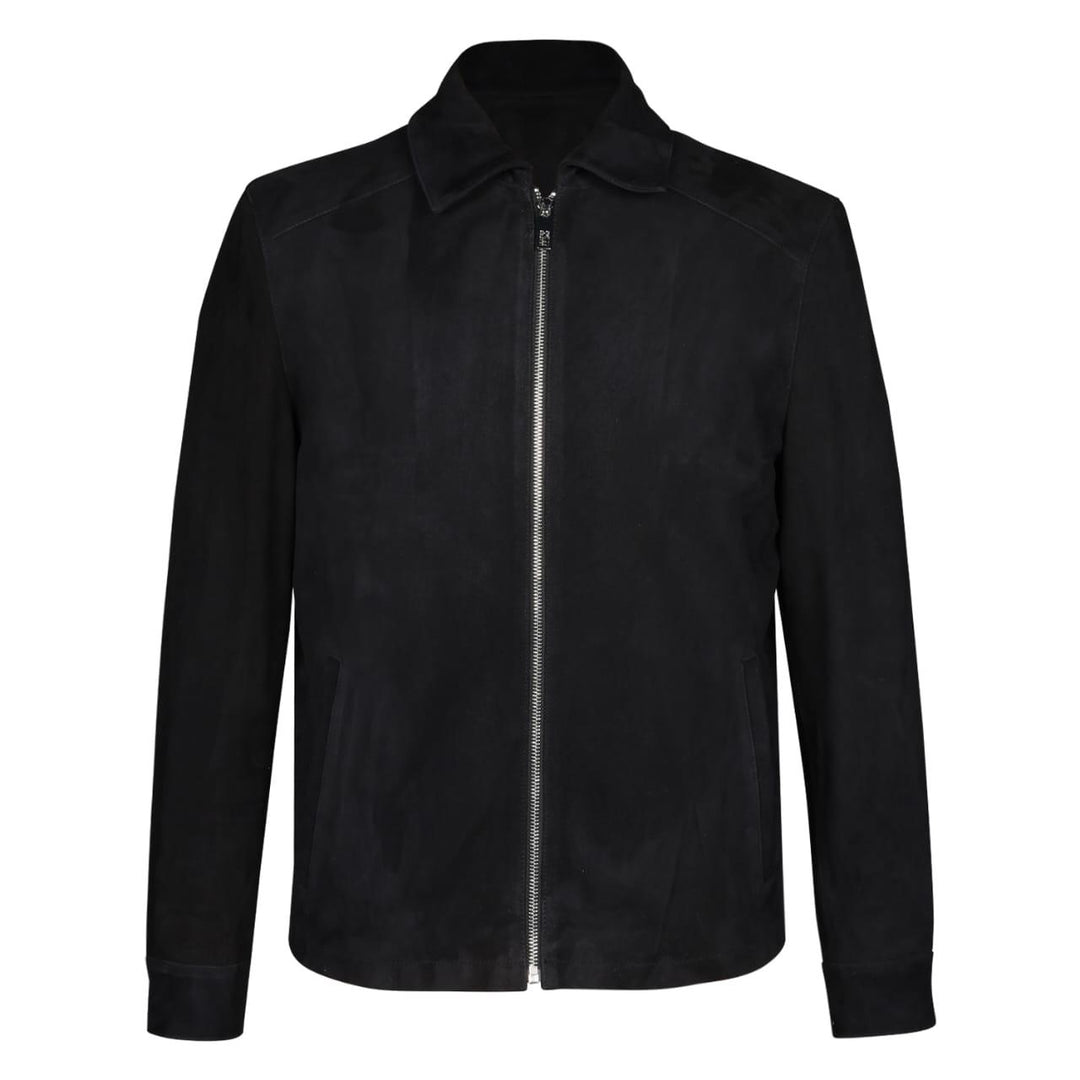 Man wearing a zipped-up black bomber jacket with fur trim.