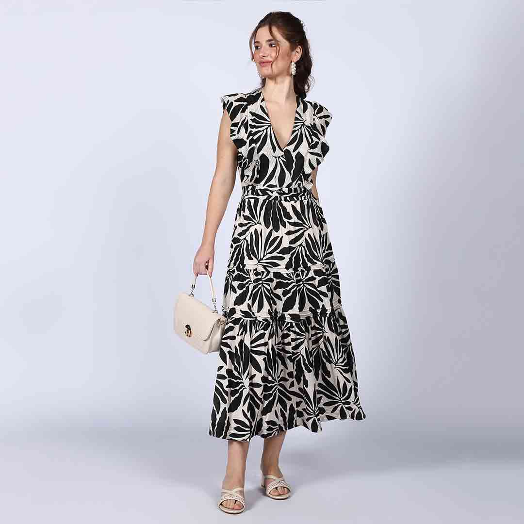 Saint black ivory palm-print lurex maxi dress for women UK, three-quarter front view.