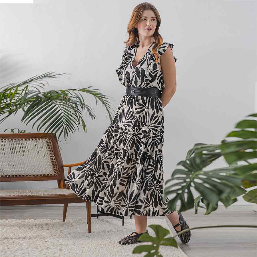Saint black ivory palm-print lurex maxi dress for women UK, front view with V-neck wrap and belted waist.