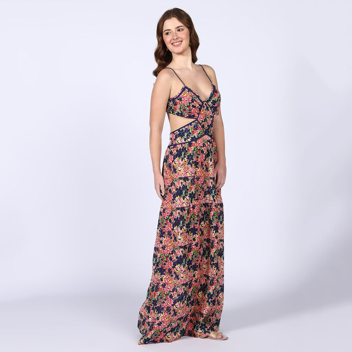 Saint blue multicolour floral cutout waist maxi dress for women UK, full front walking view.