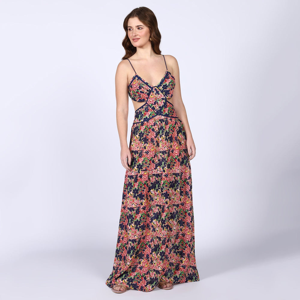 Women's blue multicolour floral cutout waist maxi dress by Saint, three-quarter front view.