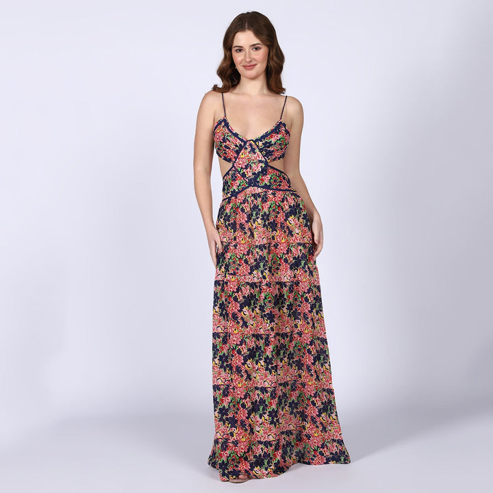 Saint blue multicolour floral cutout waist maxi dress for women UK, front view with spaghetti straps.