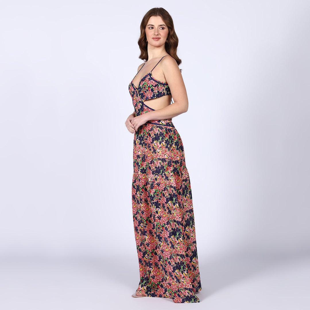 Saint blue multicolour floral cutout waist maxi dress for women UK, side view showing floor-length hem.