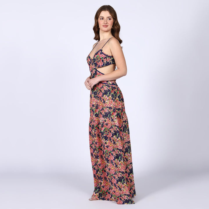 Saint blue multicolour floral cutout waist maxi dress for women UK, side view showing floor-length hem.