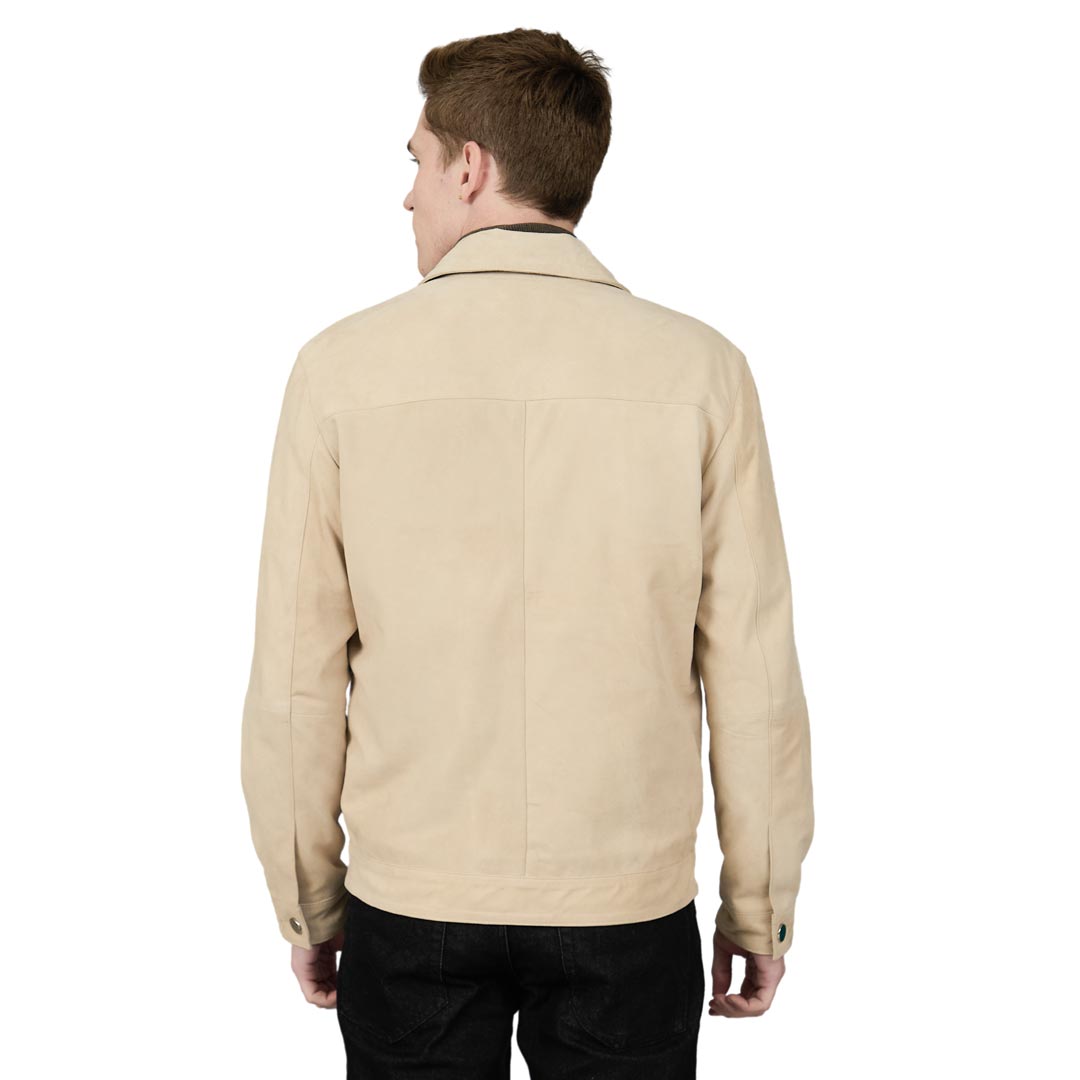Back view of a man wearing an off-white leather jacket.