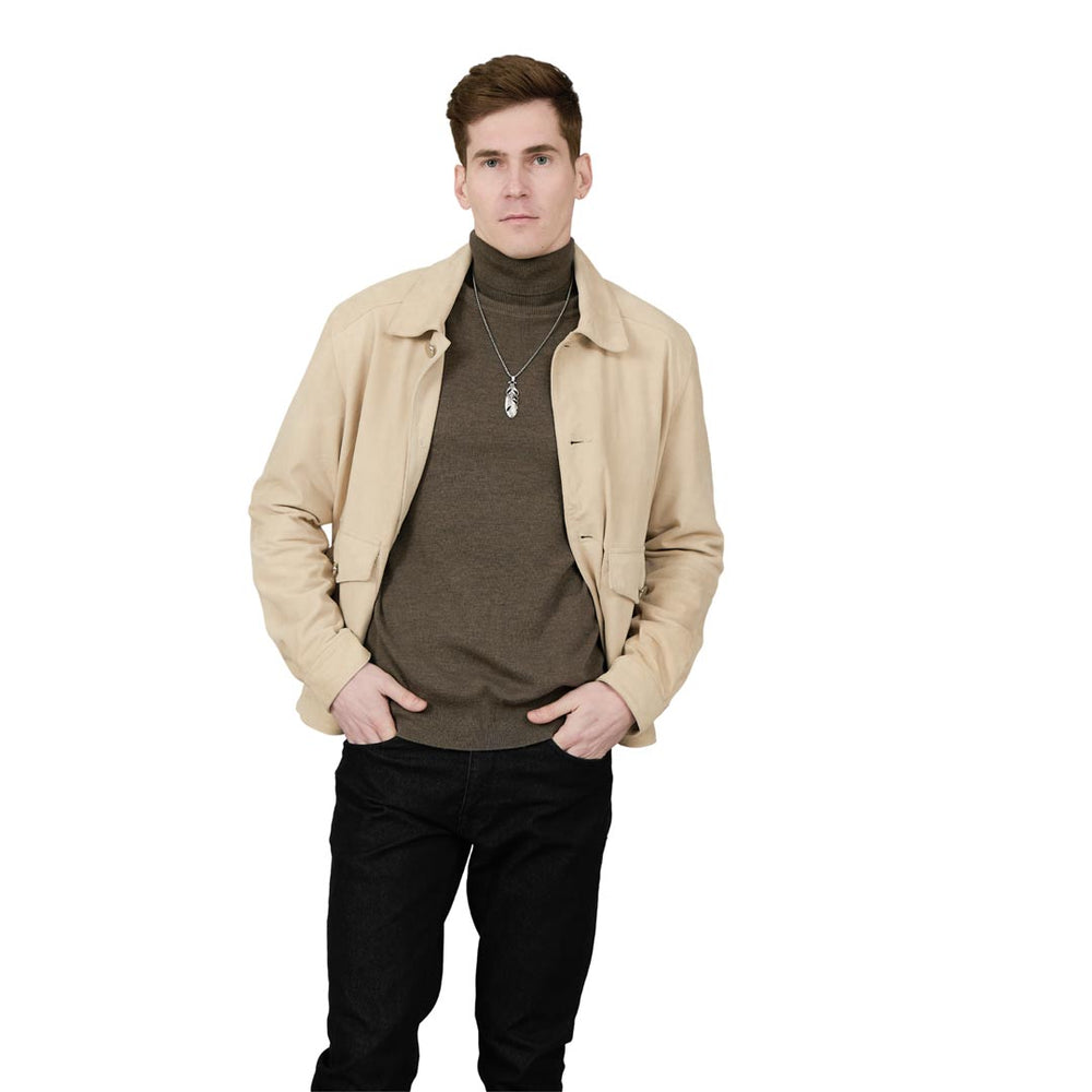 Man wearing a buttoned off-white leather jacket with patch pockets.