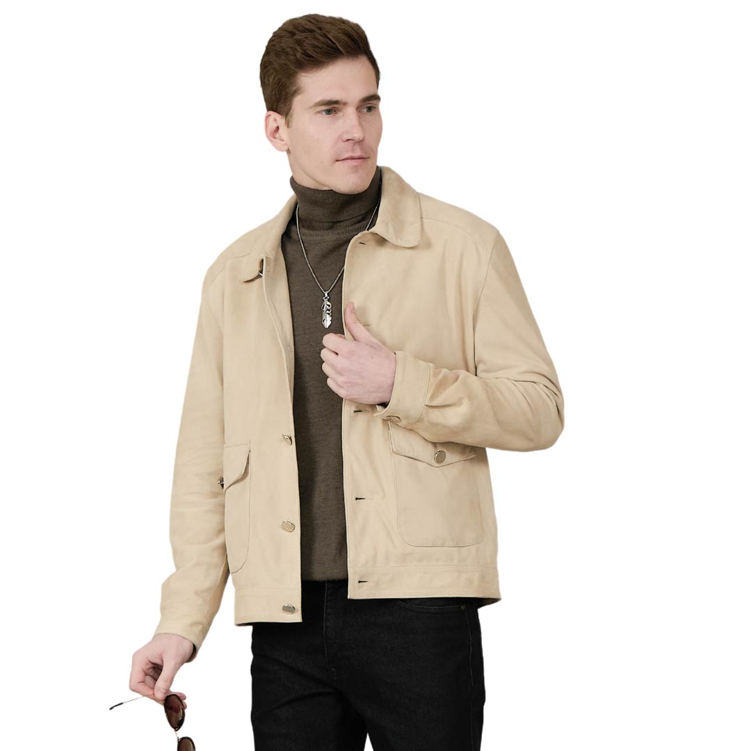 Man wearing an open off-white leather jacket with a shirt collar, front view.