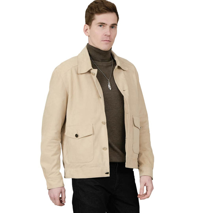 Side view of a man wearing an off-white leather jacket with a shirt collar.