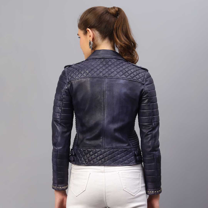 Saint Brielle blue leather biker jacket UK, back view showing quilted diamond panels