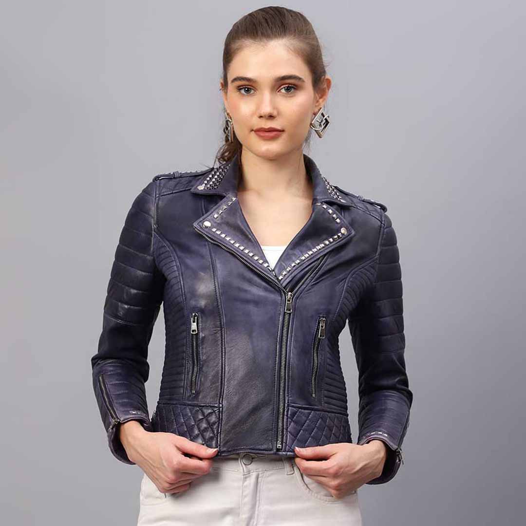 Saint Brielle blue leather biker jacket for women UK, front view with studded lapel