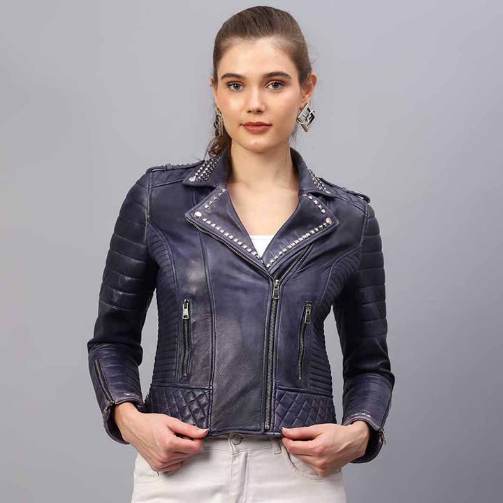 Saint Brielle blue leather biker jacket for women UK, front view with studded lapel