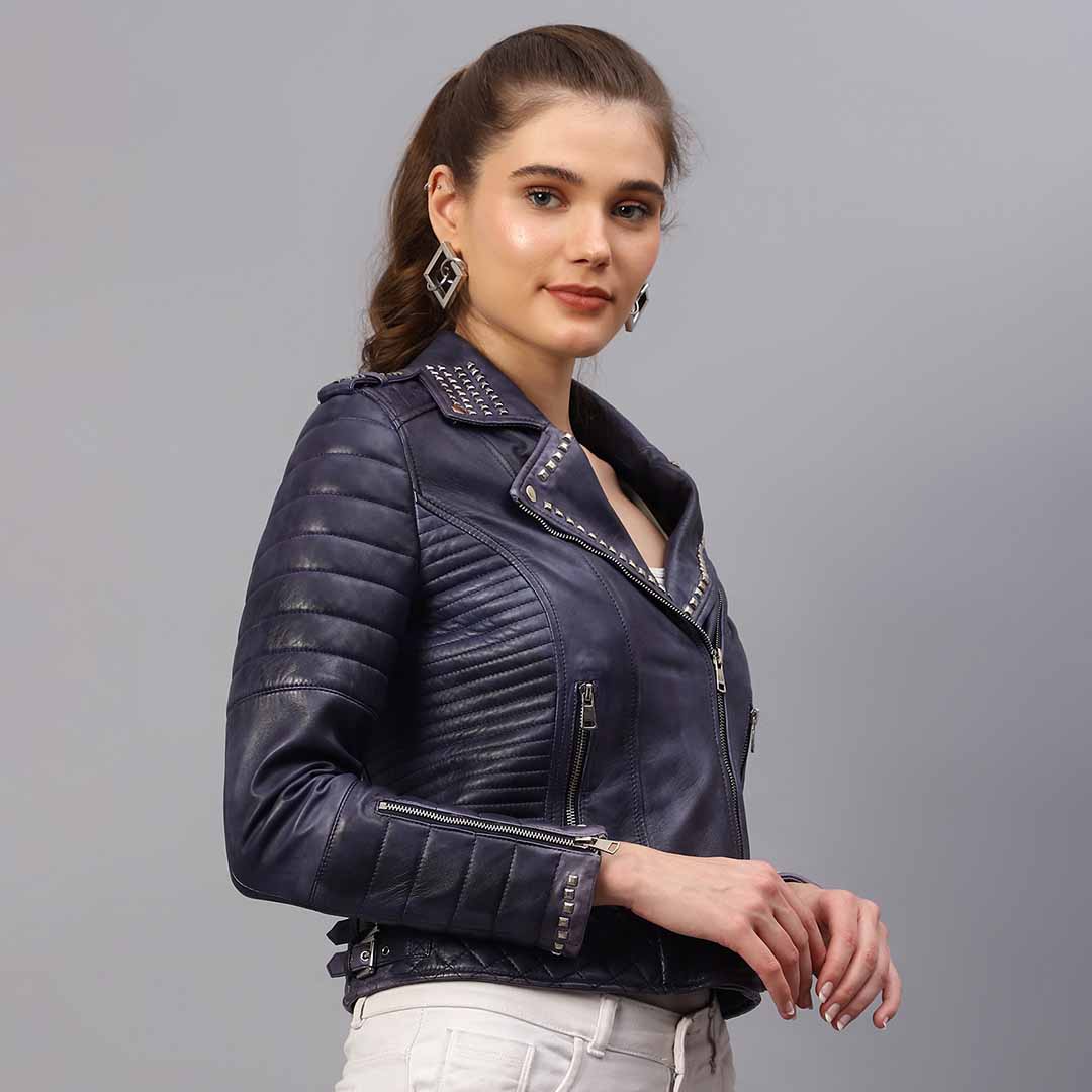 Blue leather biker jacket for women UK, side view showing asymmetric zip