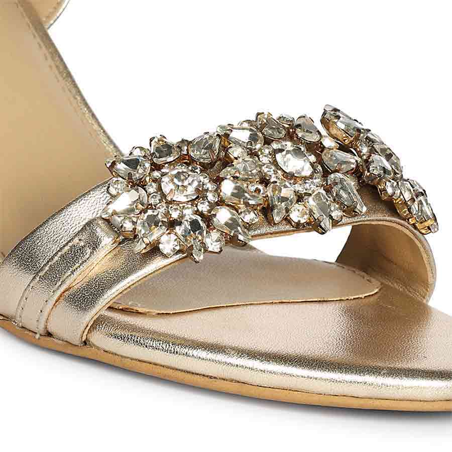 Women's Saint Brittany Crystal Stone Gold Leather Stilettos, close-up view