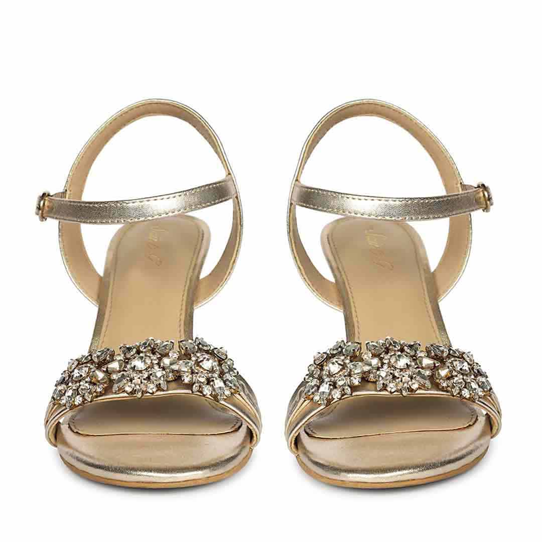 Women's Saint Brittany Crystal Stone Gold Leather Stilettos, front pair view