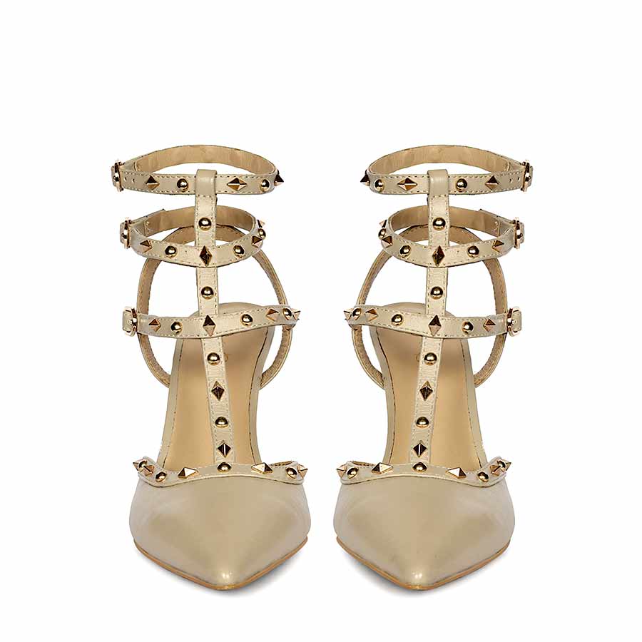 Saint Brittany crystal stone nude leather stilettos, embellished pointed-toe design, front view