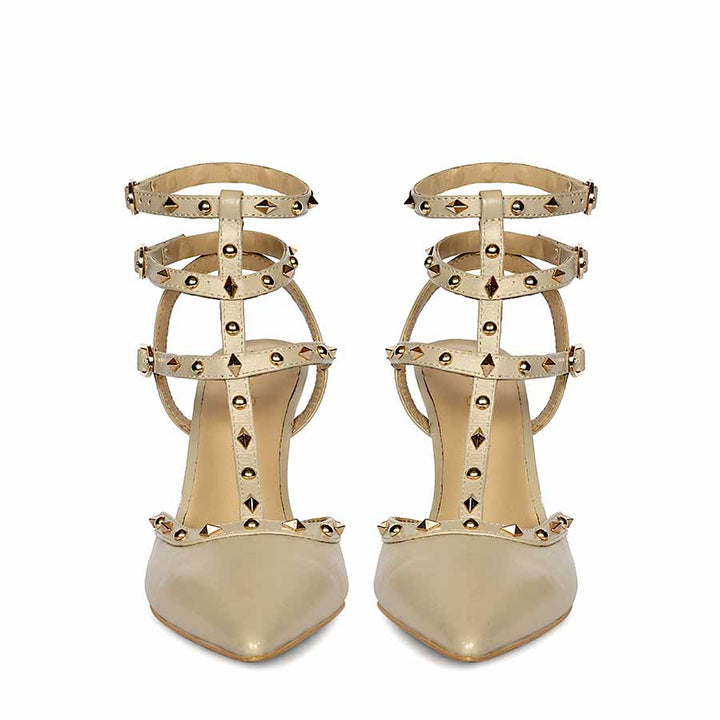 Saint Brittany crystal stone nude leather stilettos, embellished pointed-toe design, front view