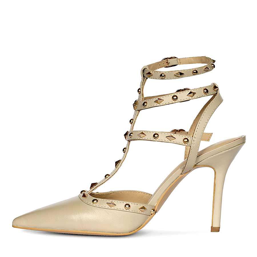 Saint Brittany crystal stone nude leather stilettos, embellished pointed-toe design, left view