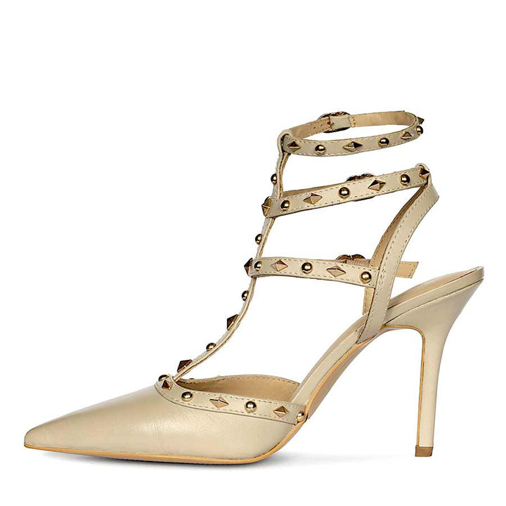 Saint Brittany crystal stone nude leather stilettos, embellished pointed-toe design, left view