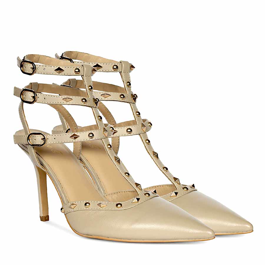 Saint Brittany crystal stone nude leather stilettos, embellished pointed-toe design, pair view