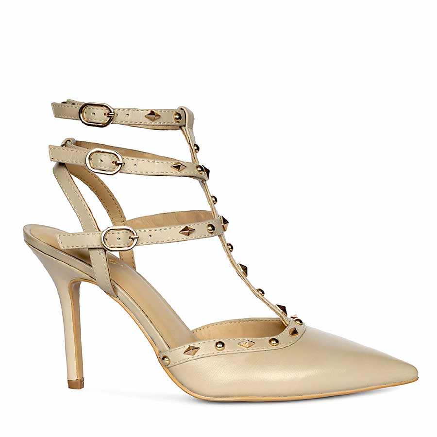 Saint Brittany crystal stone nude leather stilettos, embellished pointed-toe design, right