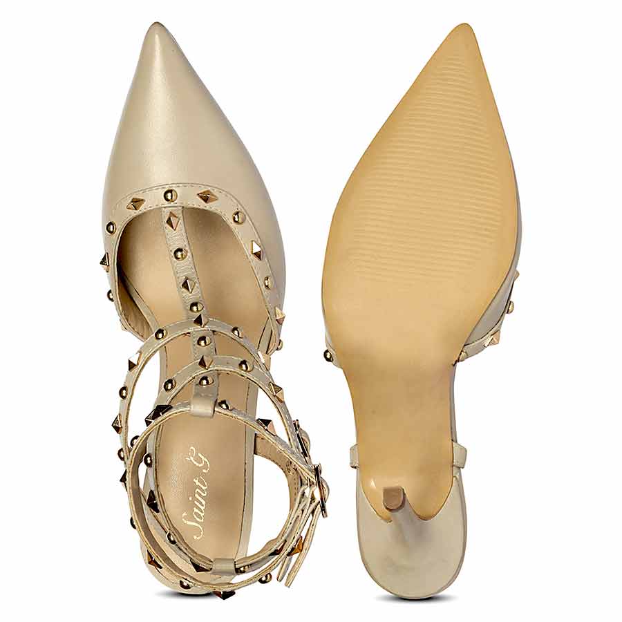 Saint Brittany crystal stone nude leather stilettos, embellished pointed-toe design, sole view