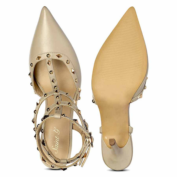 Saint Brittany crystal stone nude leather stilettos, embellished pointed-toe design, sole view
