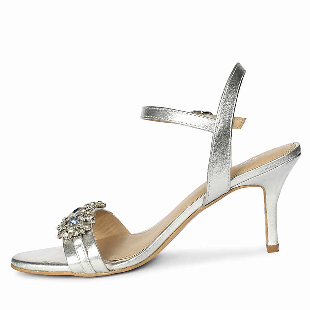 Women's Saint Brittany Crystal Stone Silver Leather Stilettos, angled view