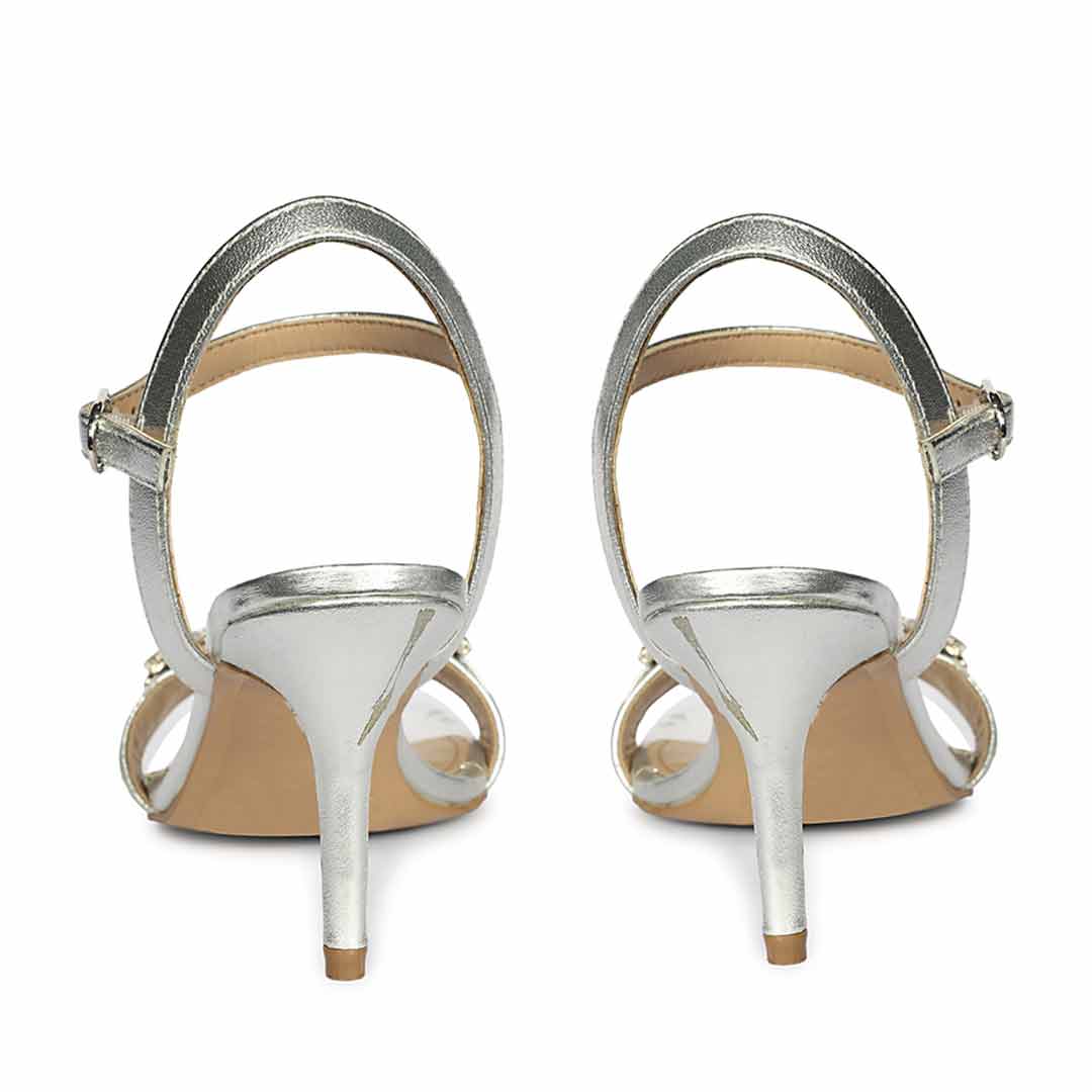 Women's Saint Brittany Crystal Stone Silver Leather Stilettos, back pair view
