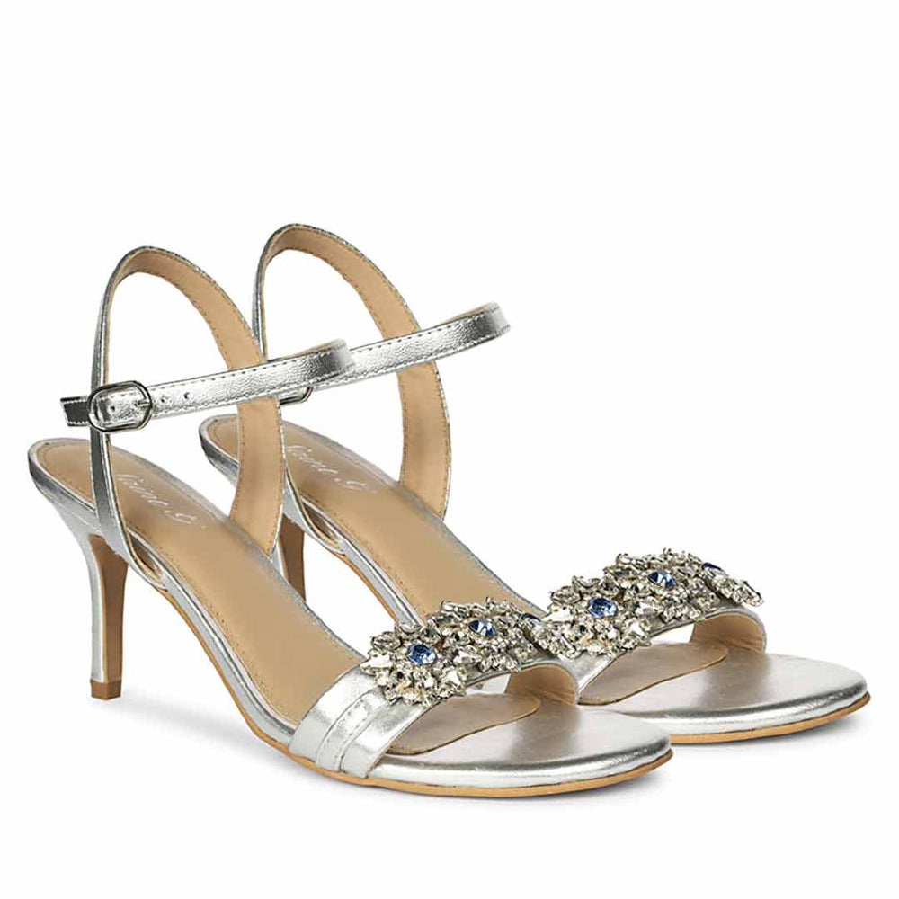 Women's Saint Brittany Crystal Stone Silver Leather Stilettos, lifestyle view