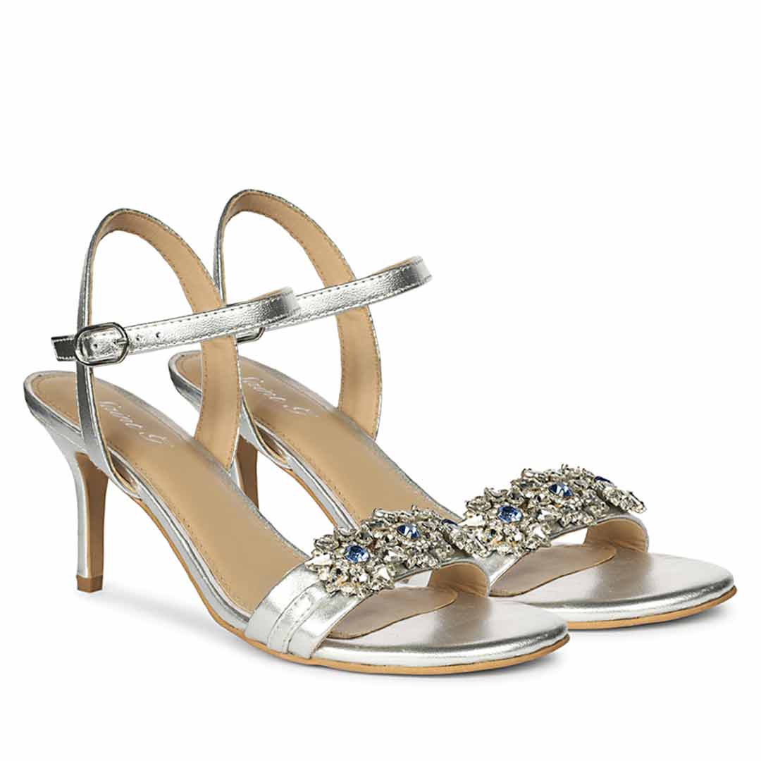 Women's Saint Brittany Crystal Stone Silver Leather Stilettos, lifestyle view