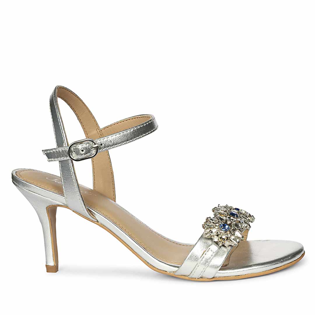 Women's Saint Brittany Crystal Stone Silver Leather Stilettos, side view
