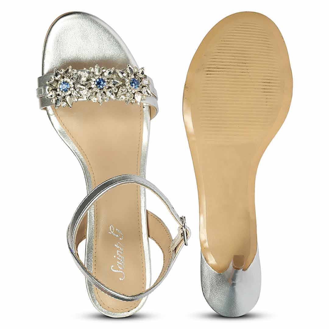 Women's Saint Brittany Crystal Stone Silver Leather Stilettos, sole view