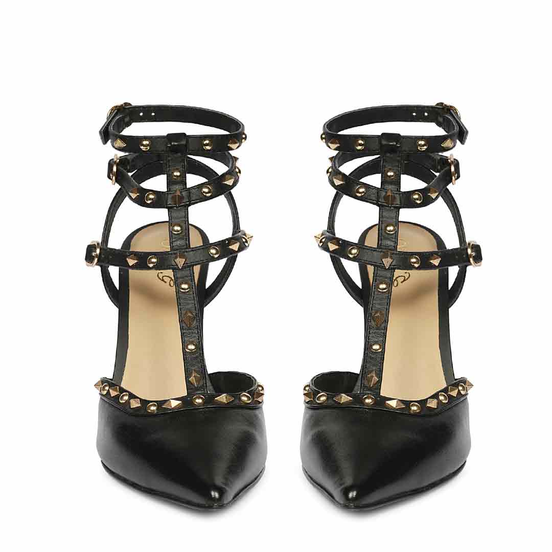 Saint Brittany studded cage black leather stiletto pumps with gold stud detailing-front