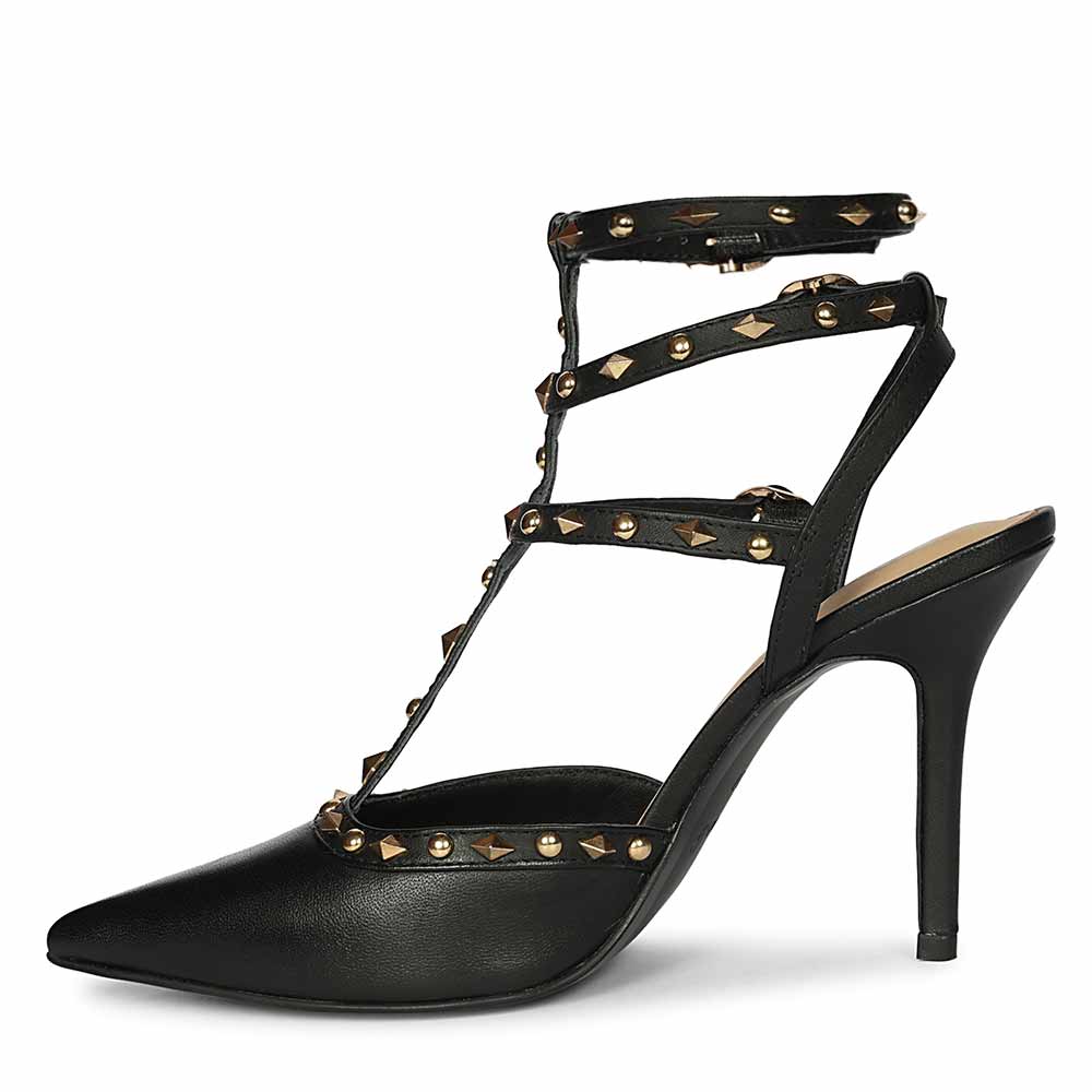 Saint Brittany studded cage black leather stiletto pumps with gold stud detailing-left