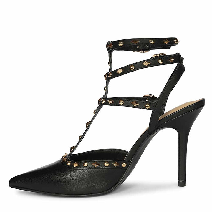 Saint Brittany studded cage black leather stiletto pumps with gold stud detailing-left