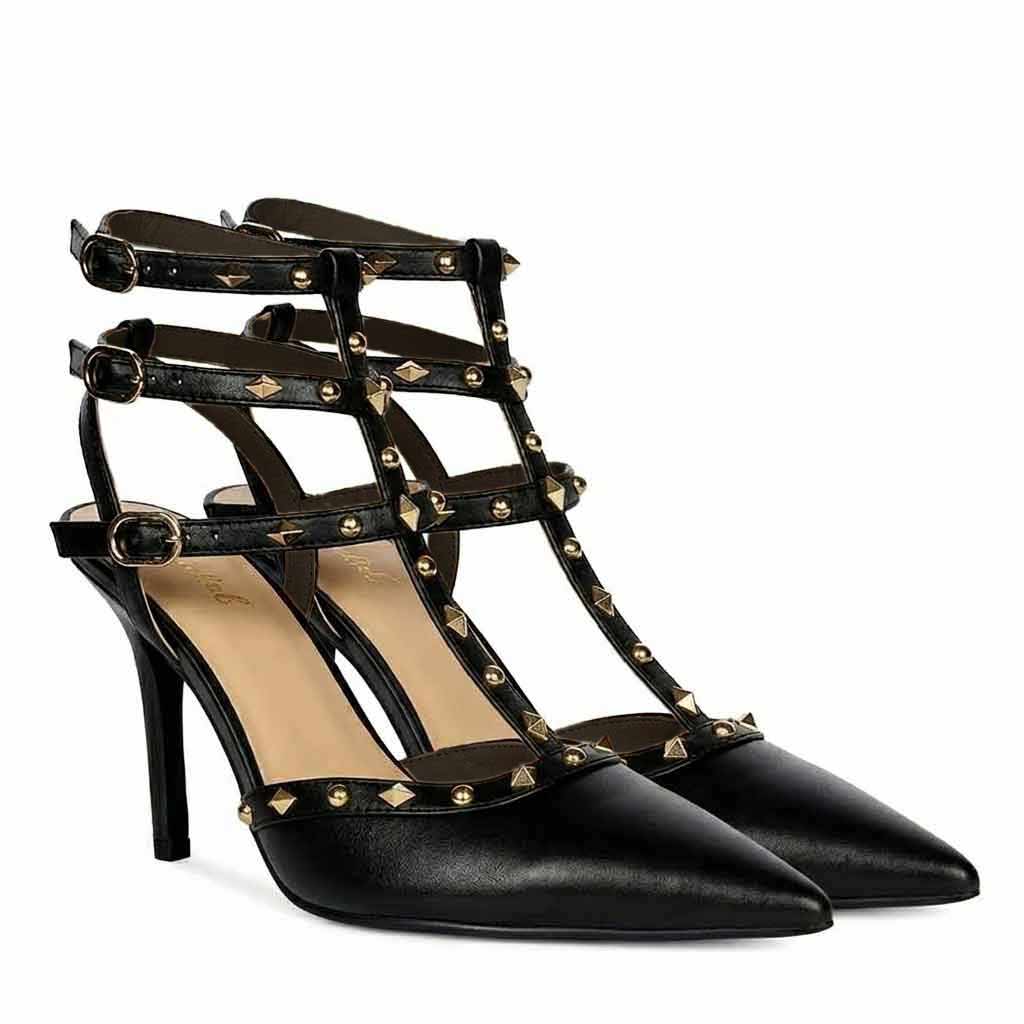 Saint Brittany studded cage black leather stiletto pumps with gold stud detailing-pair
