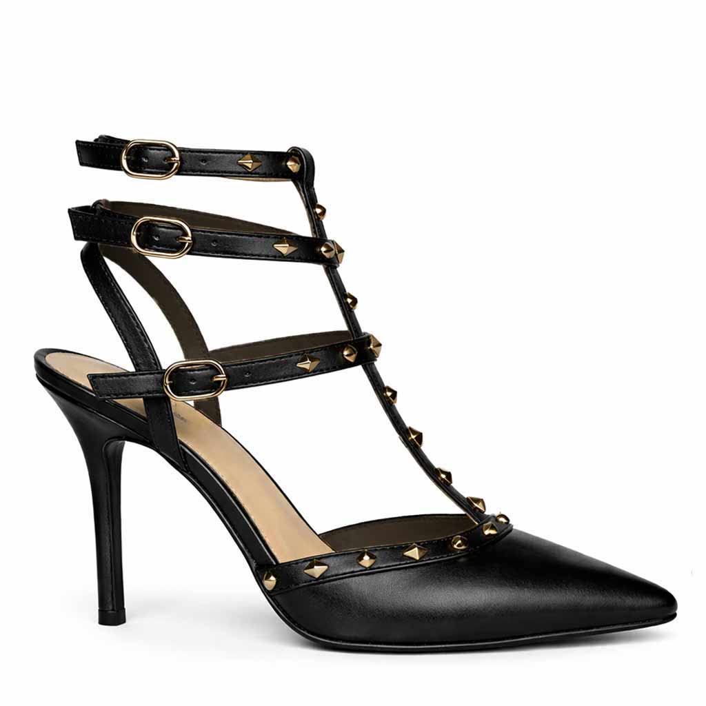 Saint Brittany studded cage black leather stiletto pumps with gold stud detailing-right