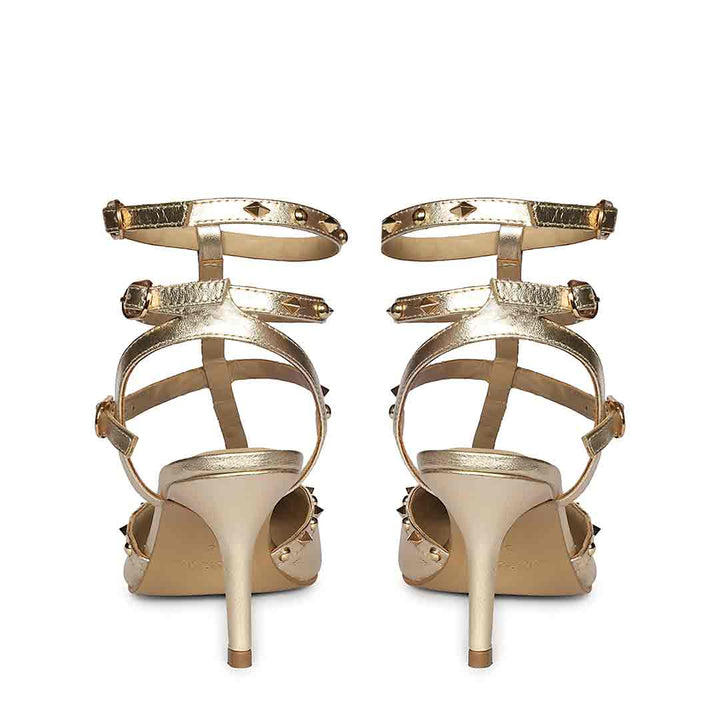 Saint Brittany studded cage gold leather stiletto pumps with caged upper design, back view