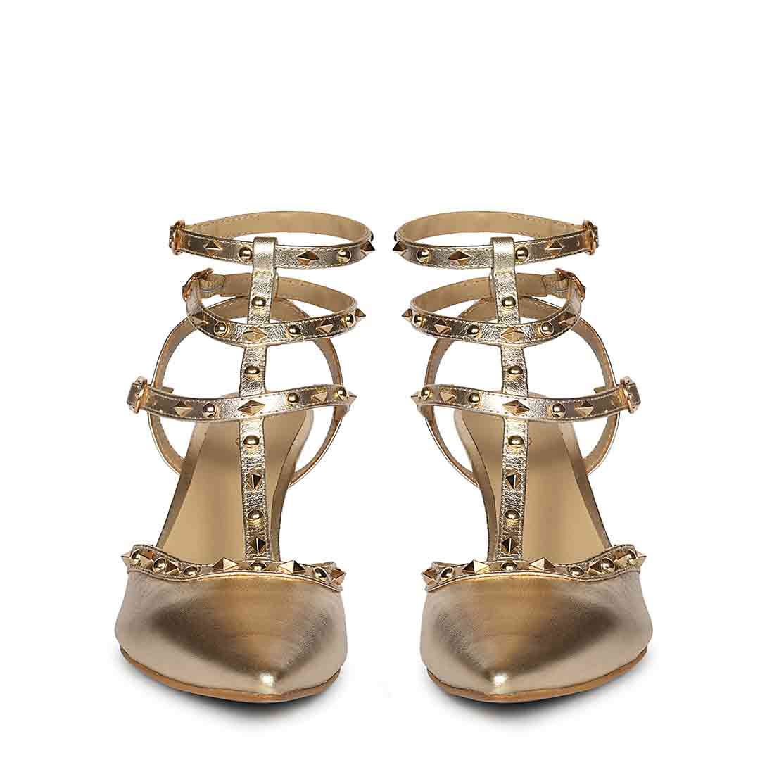 Saint Brittany studded cage gold leather stiletto pumps with caged upper design, front view
