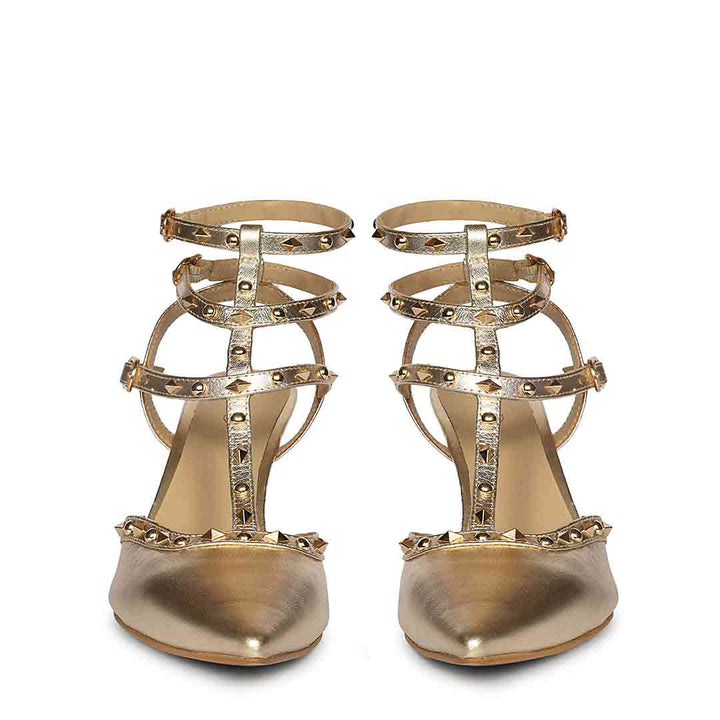 Saint Brittany studded cage gold leather stiletto pumps with caged upper design, front view
