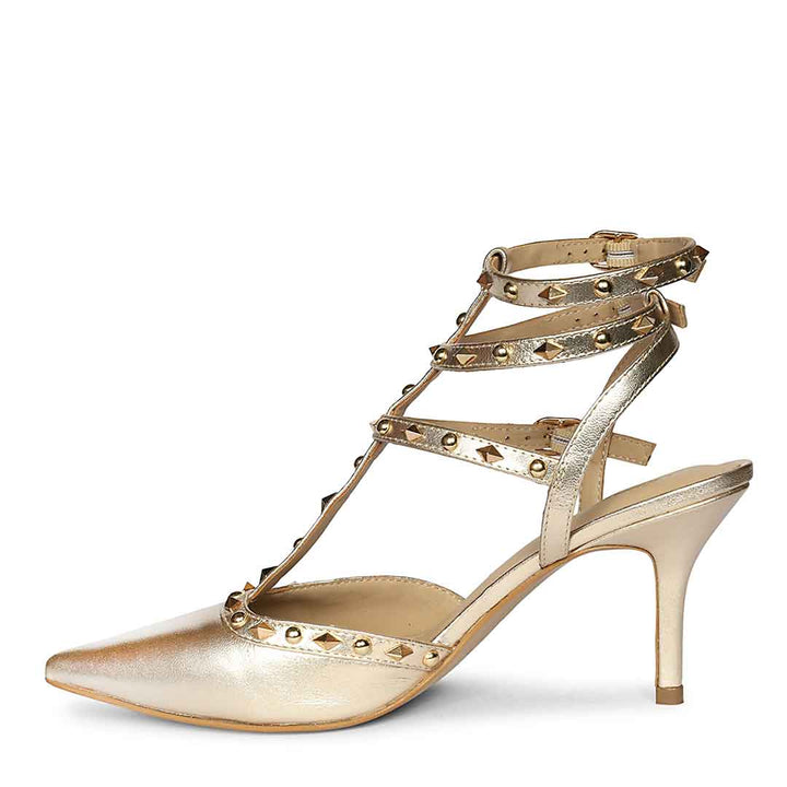 Saint Brittany studded cage gold leather stiletto pumps with caged upper design, left view