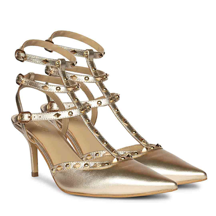 Saint Brittany studded cage gold leather stiletto pumps with caged upper design, pair view