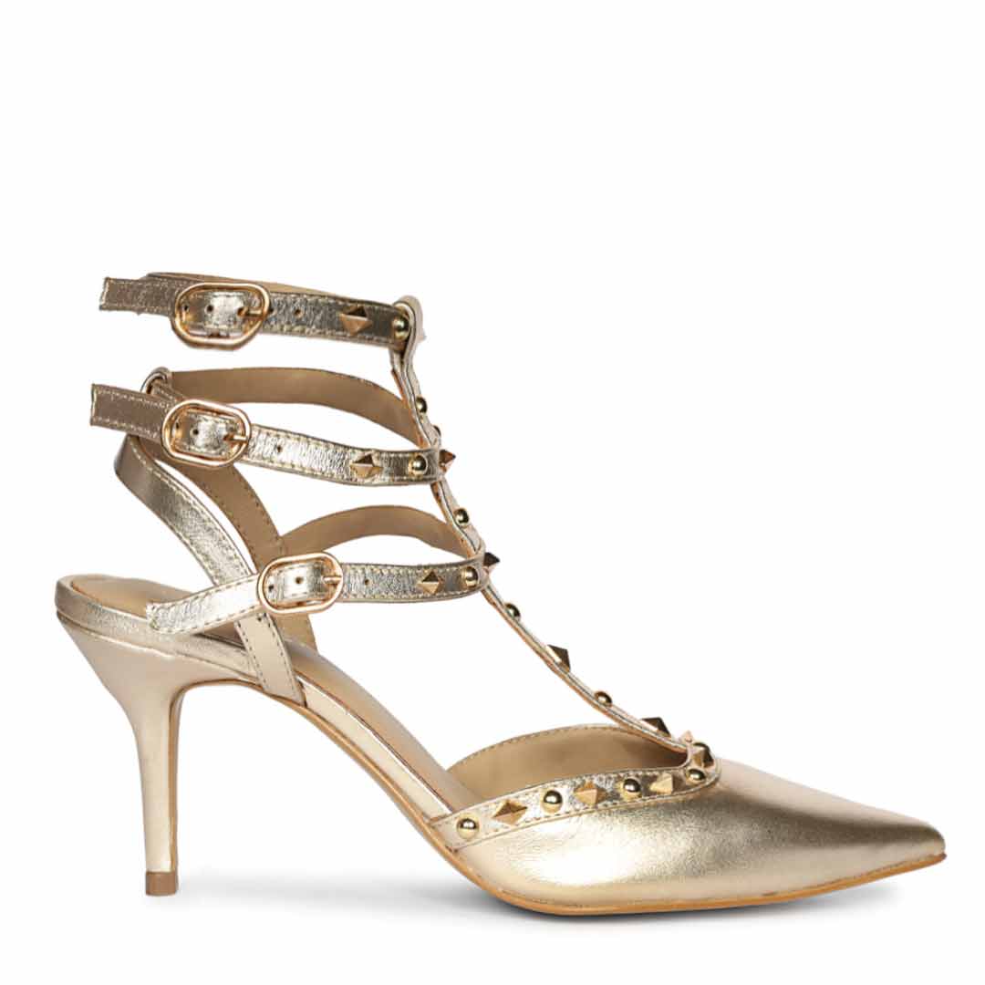 Saint Brittany studded cage gold leather stiletto pumps with caged upper design, right view